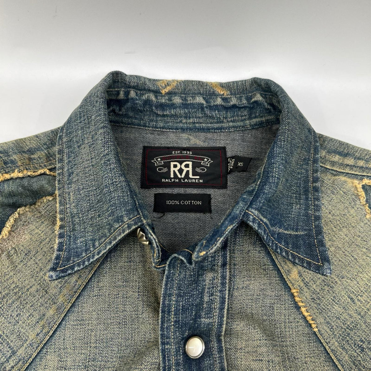 RRL ダブルアールエル MONTANA インディゴブルー コットン バンダナパッチワーク ダメージリペア加工 デニムウエスタンシャツ ジャケット