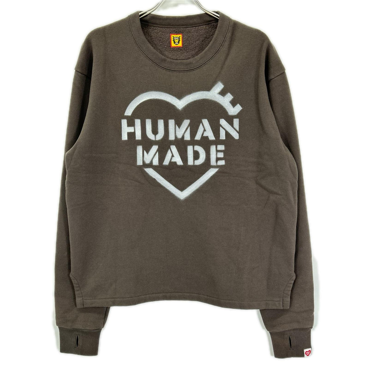 HUMAN MADE ヒューマンメイド ダークグレー×ホワイト コットン混 スプレーロゴ ミリタリークルーネックスウェット トップス