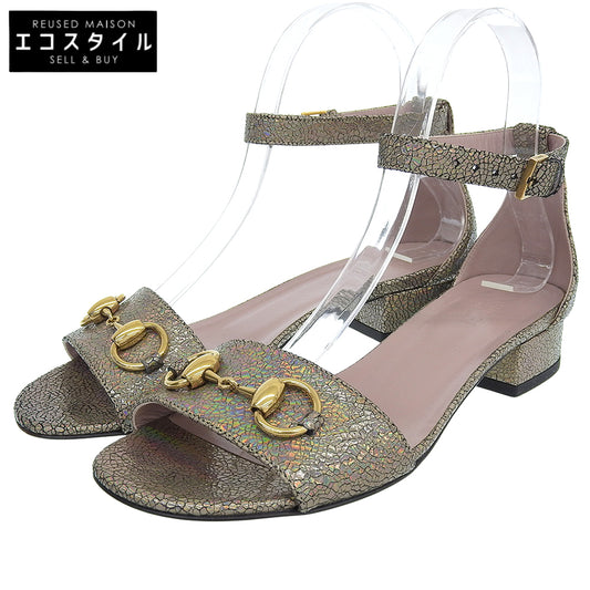 GUCCI Lamé Horsebit Liliane Ankle Strap Sandals Shoes Women's Silver 36 Shoes