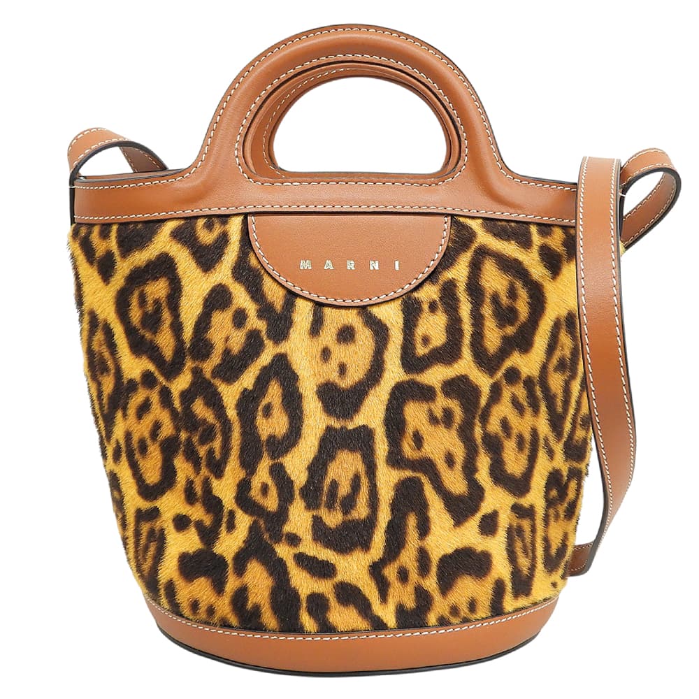 MARNI マルニ 美品 レオパート スモール バケットバッグ 巾着付き ショルダーバッグ レディース ブラウン 23AW ショルダーバッグ