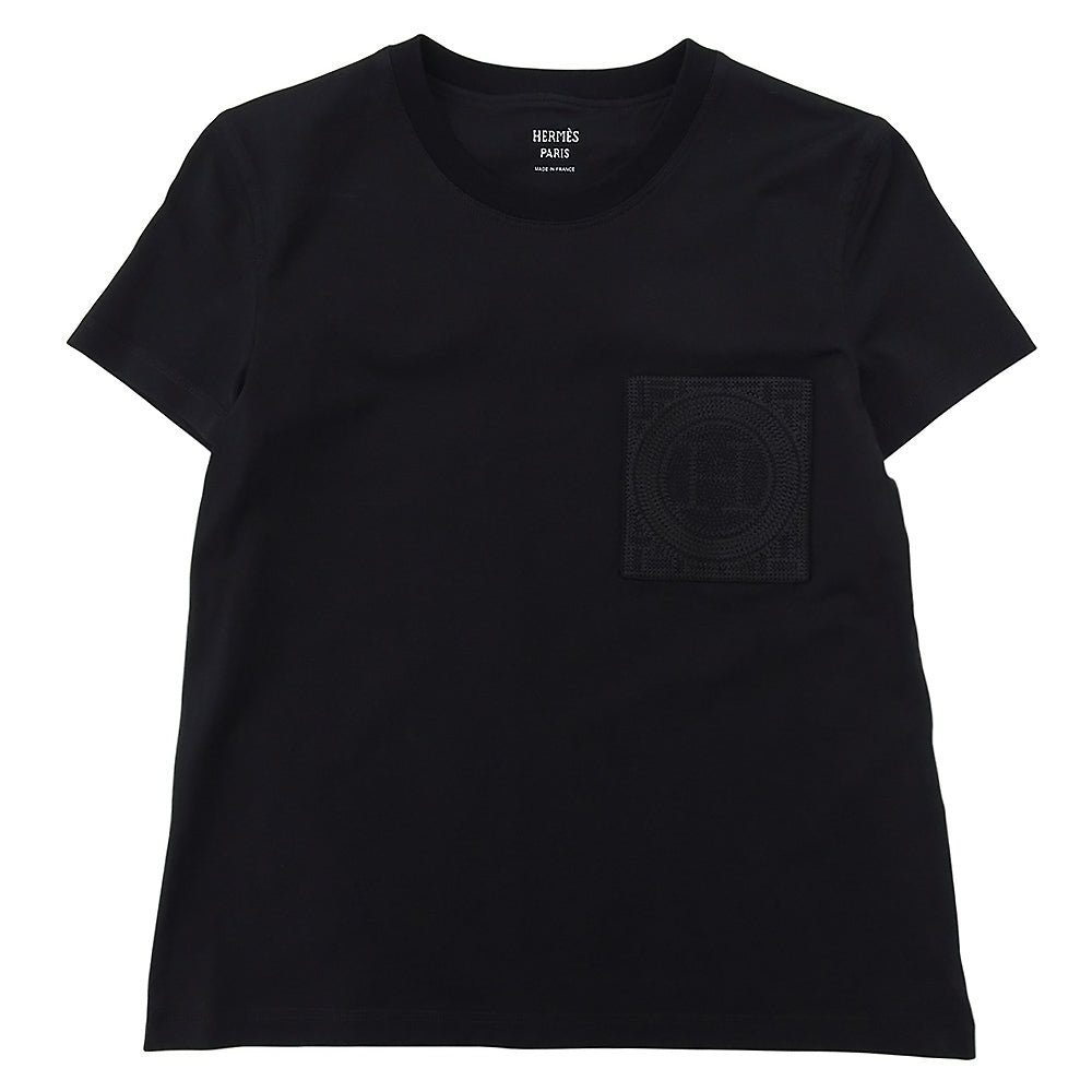 HERMES エルメス 美品 コットン 胸デザイン Tシャツ トップス レディース ブラック 36 47-7703 トップス