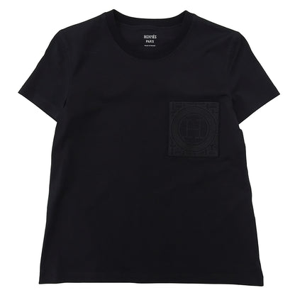 HERMES エルメス 美品 コットン 胸デザイン Tシャツ トップス レディース ブラック 36 47-7703 トップス