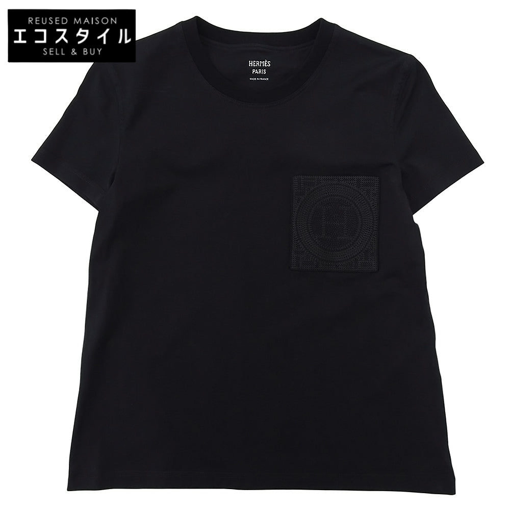 HERMES エルメス 美品 コットン 胸デザイン Tシャツ トップス レディース ブラック 36 47-7703 トップス