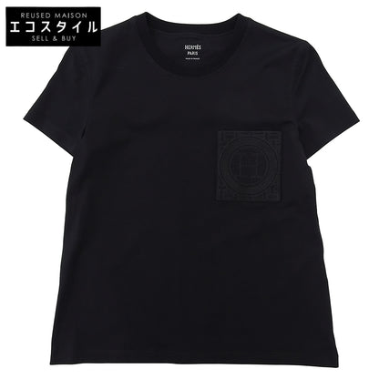 HERMES エルメス 美品 コットン 胸デザイン Tシャツ トップス レディース ブラック 36 47-7703 トップス