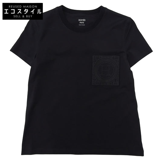 HERMES エルメス 美品 コットン 胸デザイン Tシャツ トップス レディース ブラック 36 47-7703 トップス