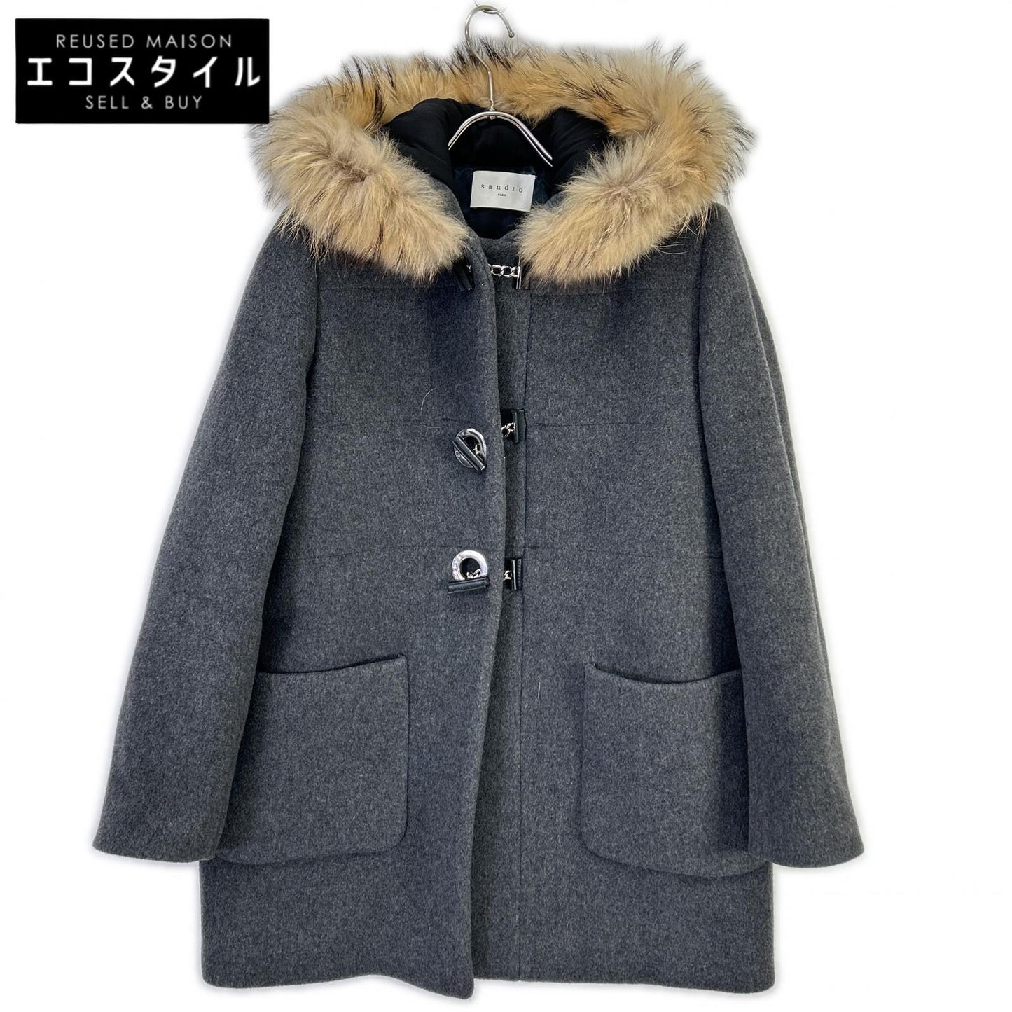 SANDRO Sandro gray wool chain-button fur coat coat