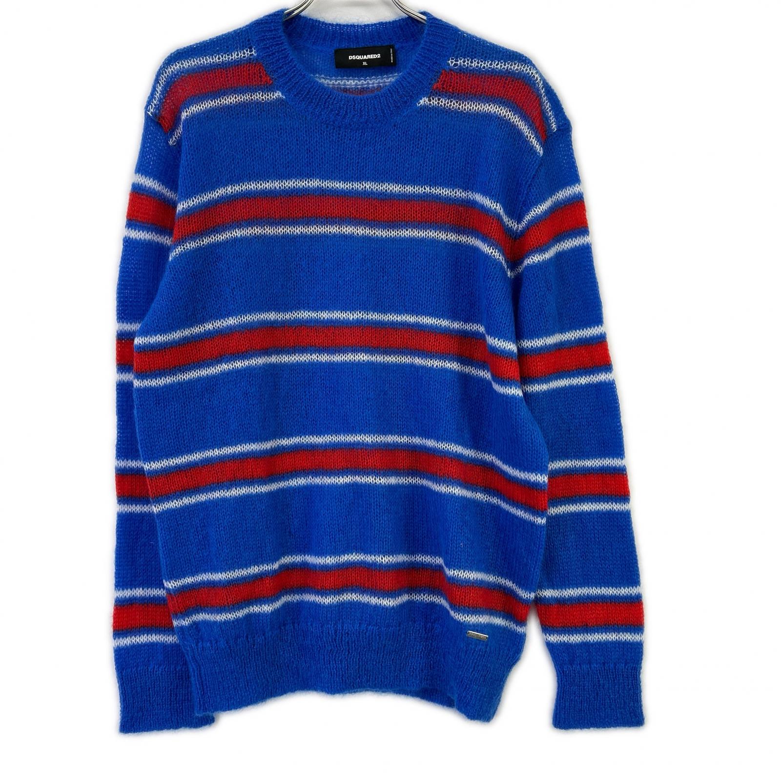 DSQUARED2 ディースクエアード S74HA1396 ブルー モヘア混 Striped Knit CrewneckPullover トップス