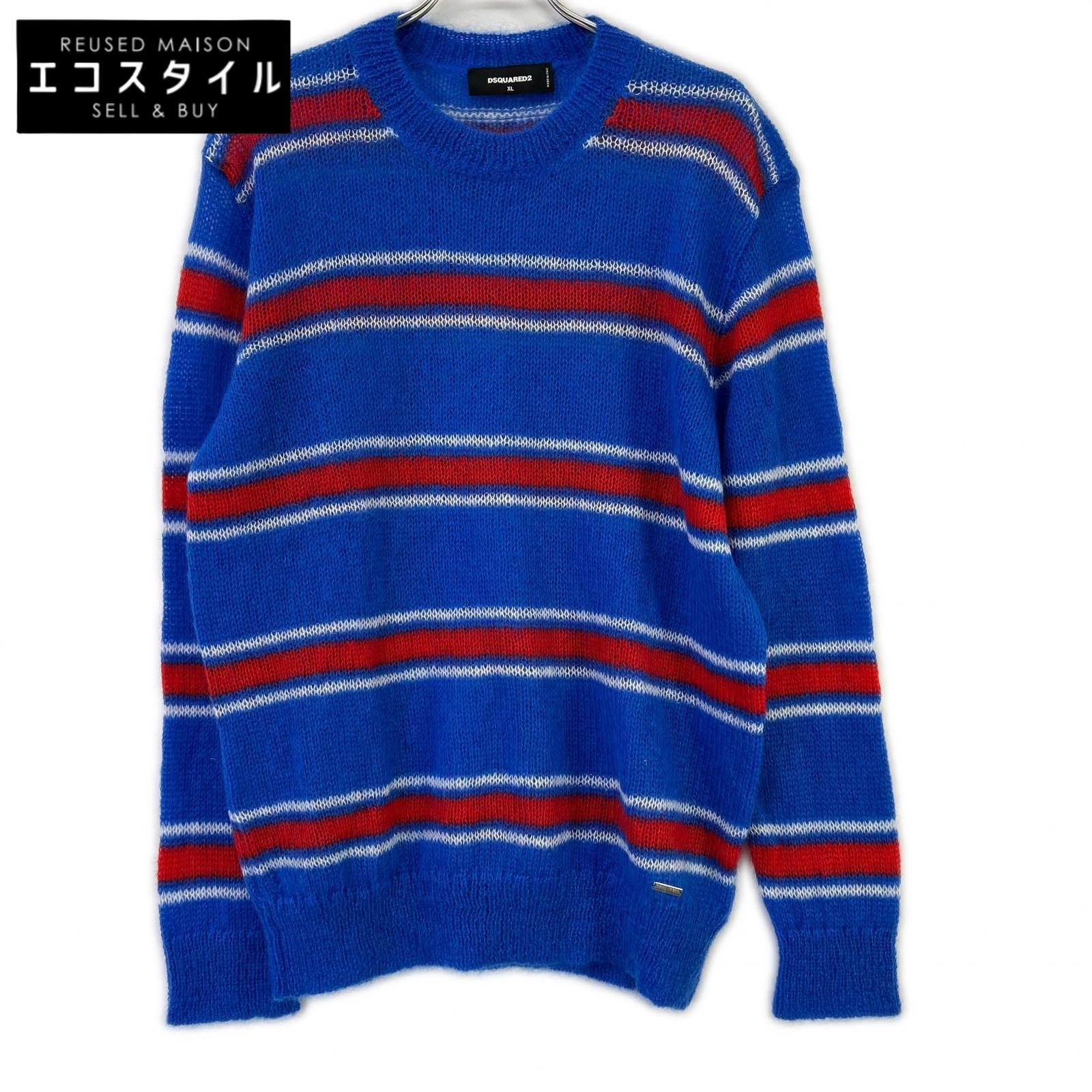 DSQUARED2 ディースクエアード S74HA1396 ブルー モヘア混 Striped Knit CrewneckPullover トップス