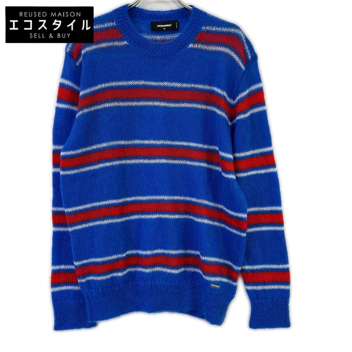 DSQUARED2 ディースクエアード S74HA1396 ブルー モヘア混 Striped Knit CrewneckPullover トップス