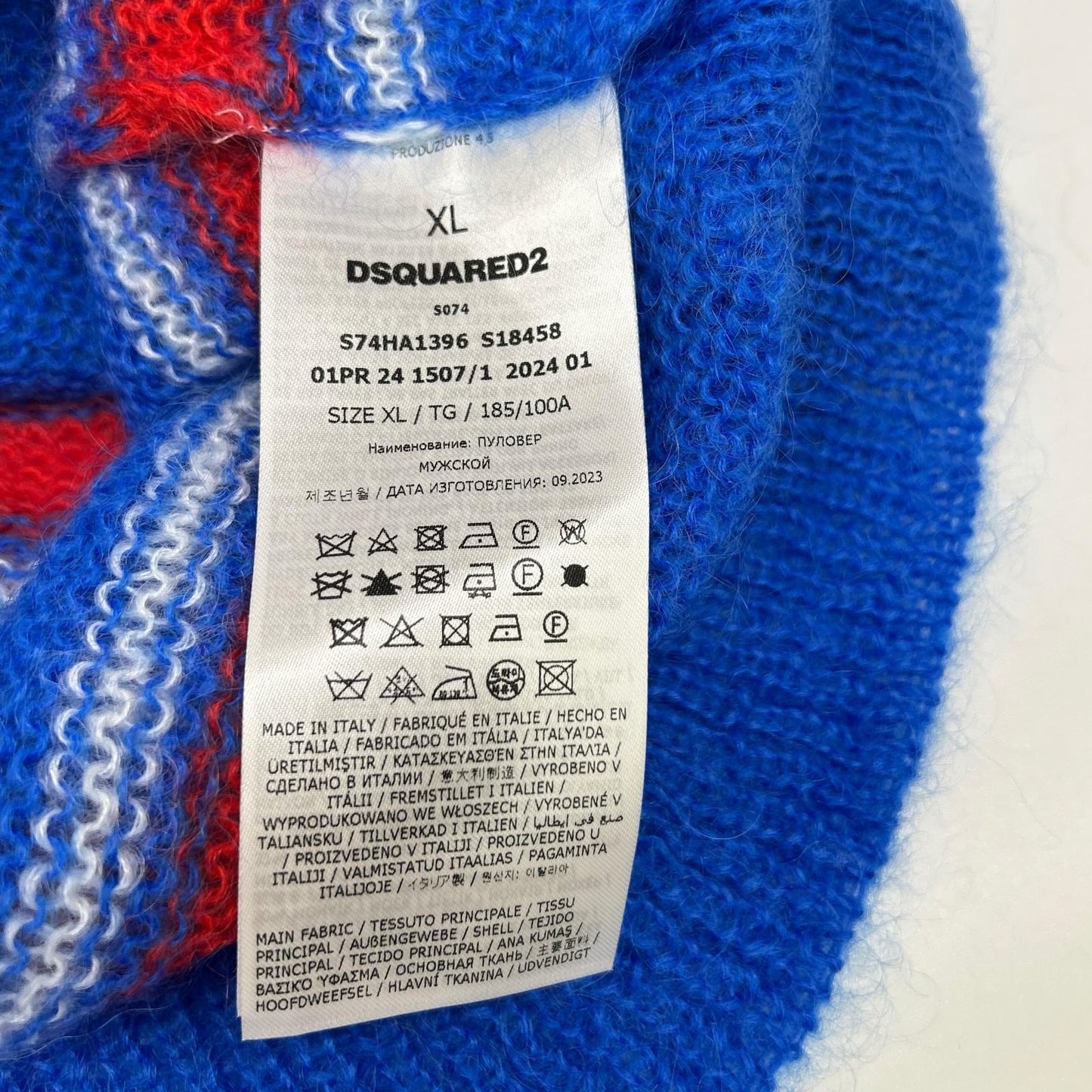 DSQUARED2 ディースクエアード S74HA1396 ブルー モヘア混 Striped Knit CrewneckPullover トップス