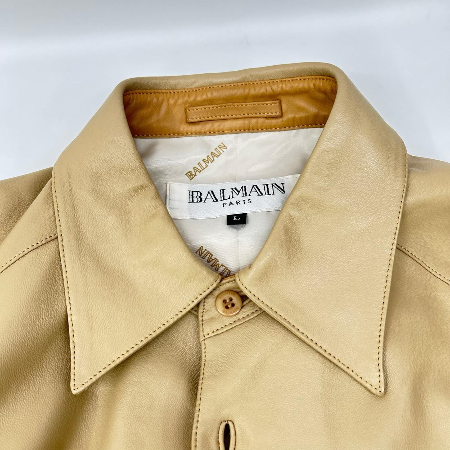 BALMAIN バルマン ベージュ ラムレザー 裏地総柄 シャツジャケット ジャケット