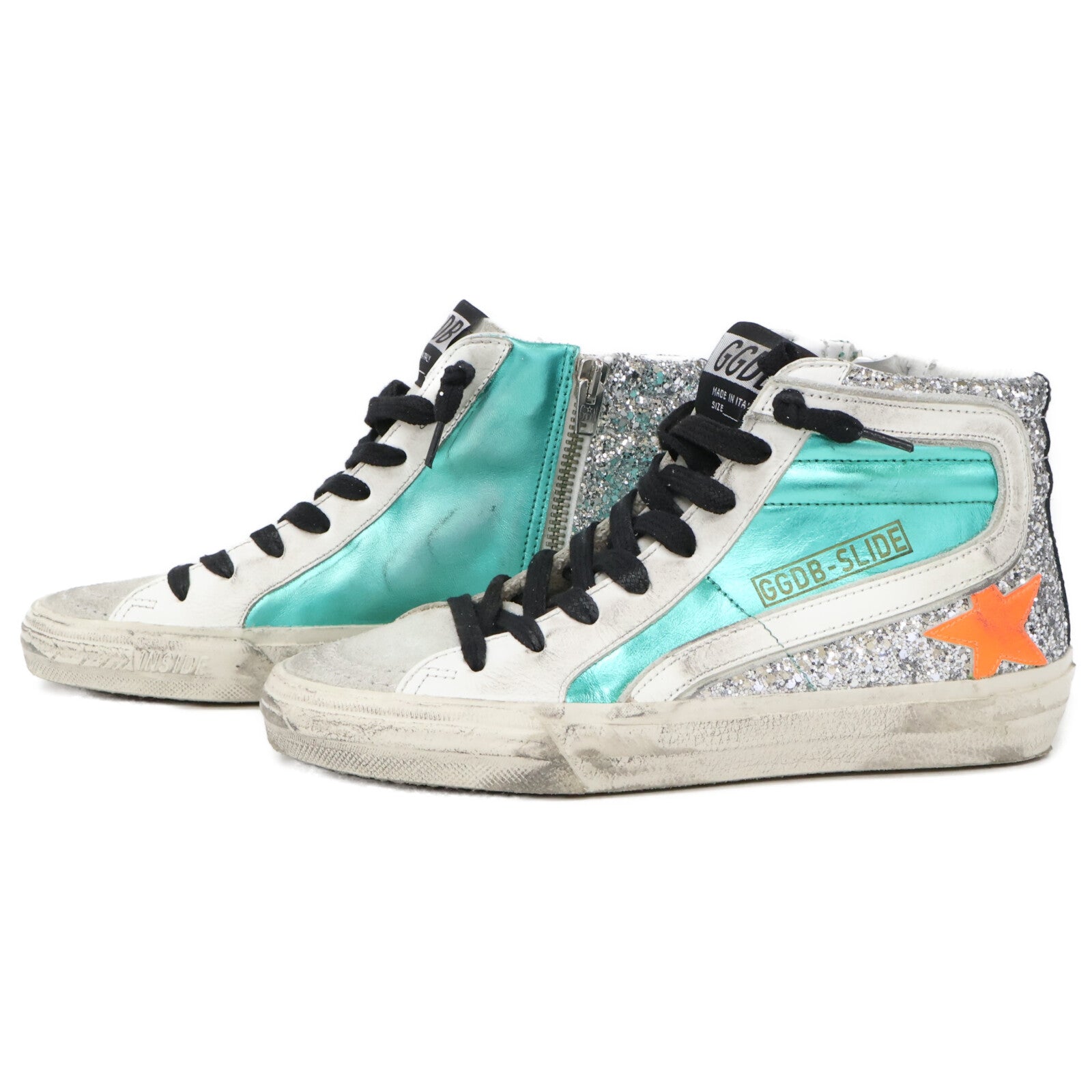 GOLDEN GOOSE Slide Laminated Leather/Upper Silver Glitter/Calf Hair High Top Sneakers Shoes