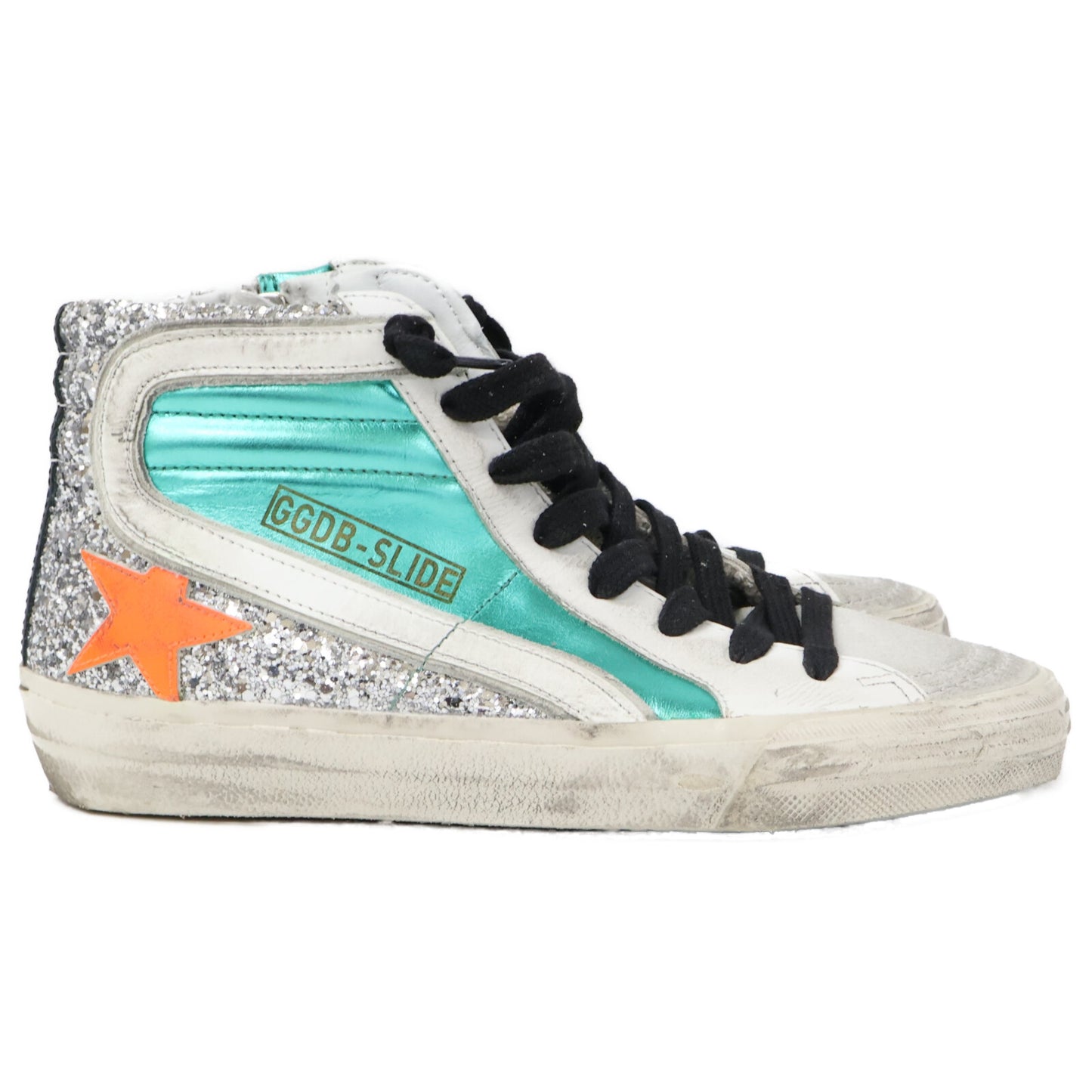 GOLDEN GOOSE Slide Laminated Leather/Upper Silver Glitter/Calf Hair High Top Sneakers Shoes