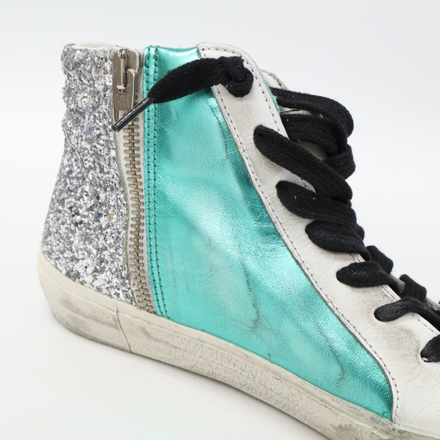 GOLDEN GOOSE Slide Laminated Leather/Upper Silver Glitter/Calf Hair High Top Sneakers Shoes