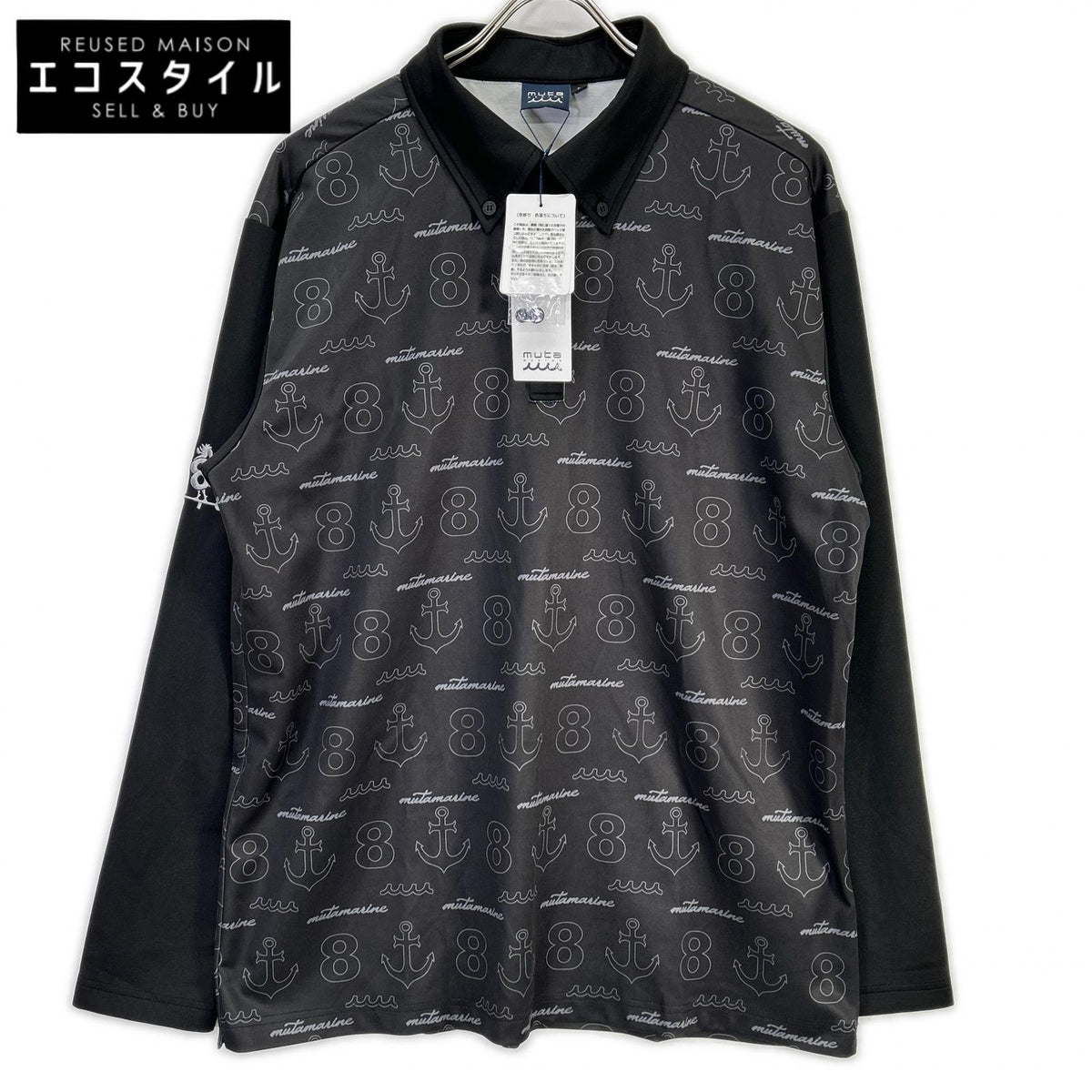 muta ムータ GLOBALE KoBE Black Monogram Long-Sleeve Polo Shirt Top