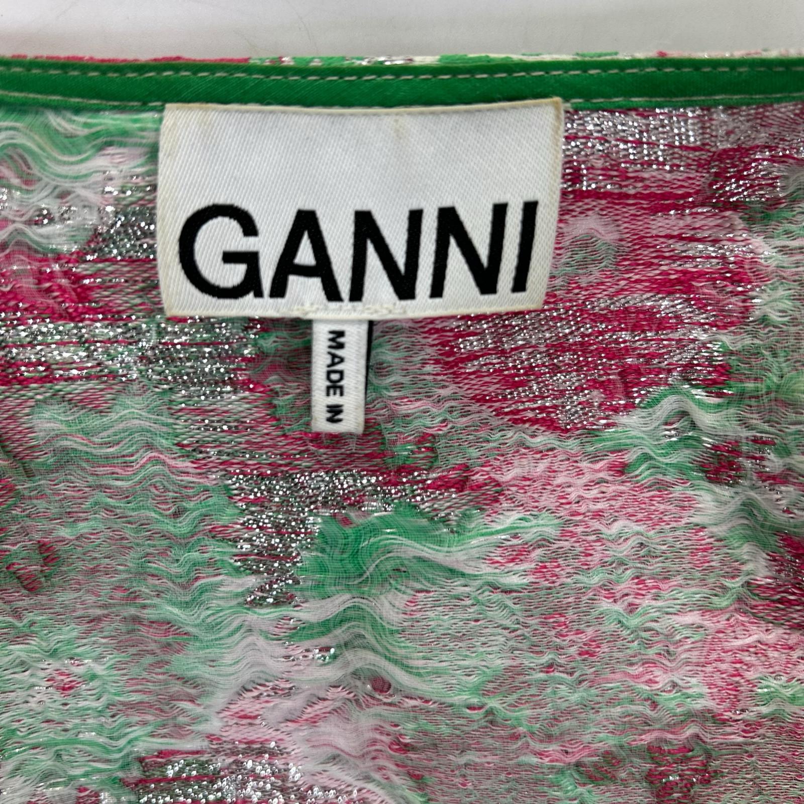 GANNI ガニー F7640 グリーン×ピンク シュガープラム 3Dジャカード ボタンダウン ミニドレス ワンピース