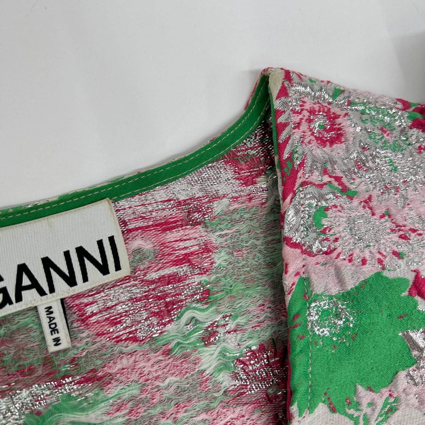 GANNI ガニー F7640 グリーン×ピンク シュガープラム 3Dジャカード ボタンダウン ミニドレス ワンピース