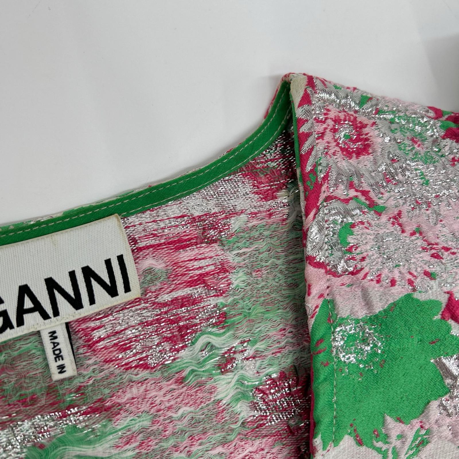 GANNI ガニー F7640 グリーン×ピンク シュガープラム 3Dジャカード ボタンダウン ミニドレス ワンピース