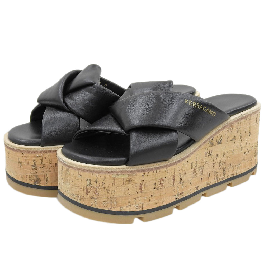 Salvatore Ferragamo Like New ENGRACIA Cork Wedge Sandals Shoes Women's Black 4C 24SS Shoes