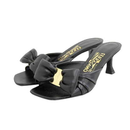 Salvatore Ferragamo サルヴァトーレフェラガモ 美品 レザー ヴァラ ボウ ヒール スライドサンダル シューズ レディース 黒 ブラック 4 シューズ