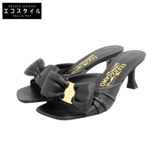 Salvatore Ferragamo サルヴァトーレフェラガモ 美品 レザー ヴァラ ボウ ヒール スライドサンダル シューズ レディース 黒 ブラック 4 シューズ