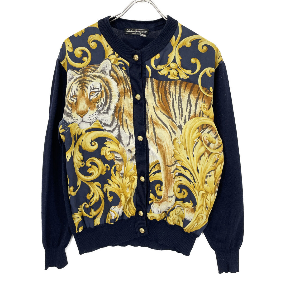 Salvatore Ferragamo Navy Tiger Gold Button Cardigan Top