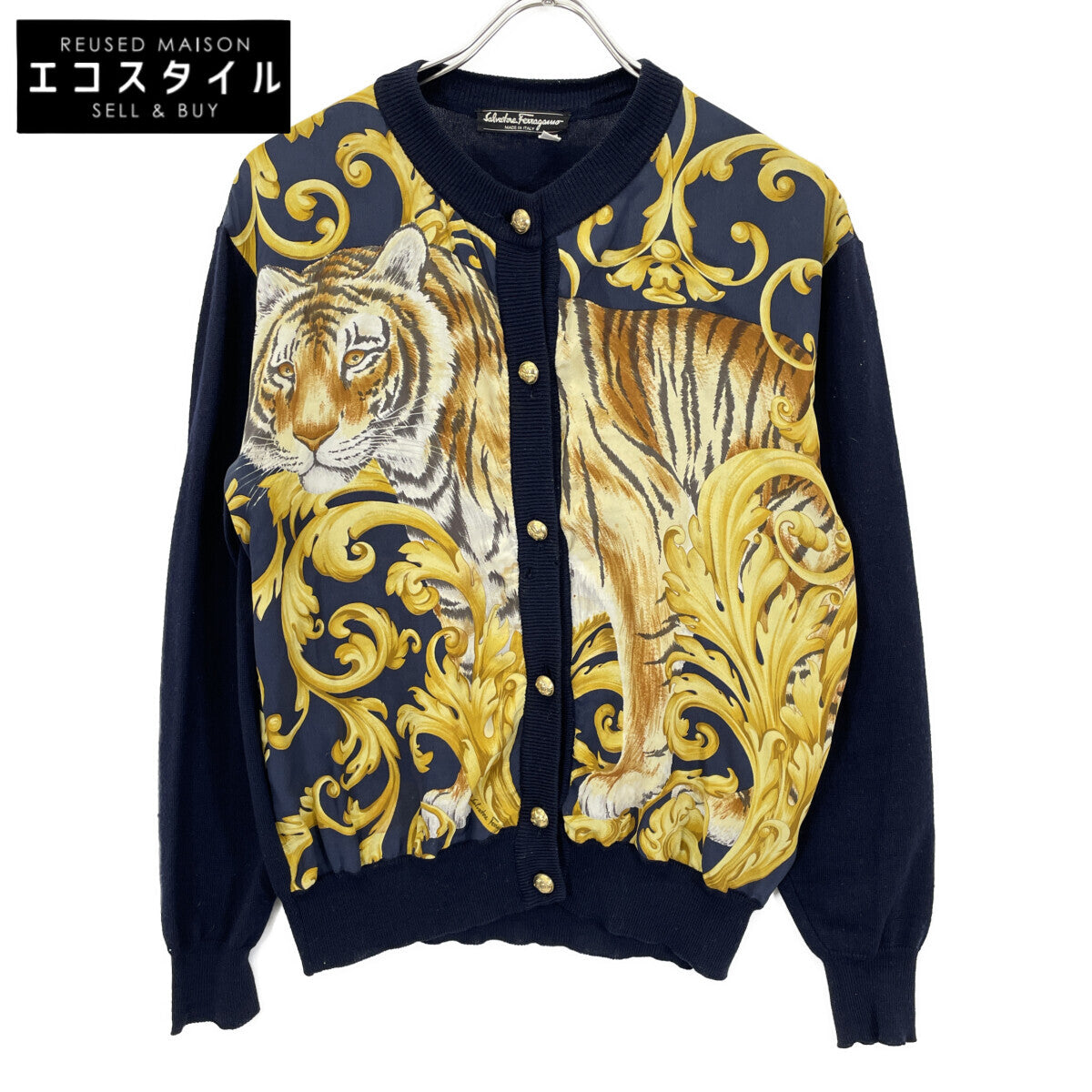 Salvatore Ferragamo Navy Tiger Gold Button Cardigan Top