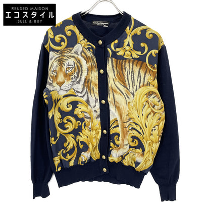 Salvatore Ferragamo Navy Tiger Gold Button Cardigan Top