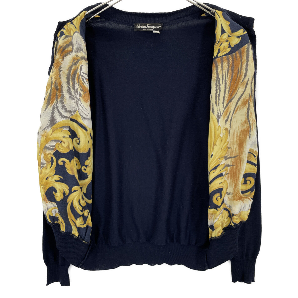 Salvatore Ferragamo Navy Tiger Gold Button Cardigan Top