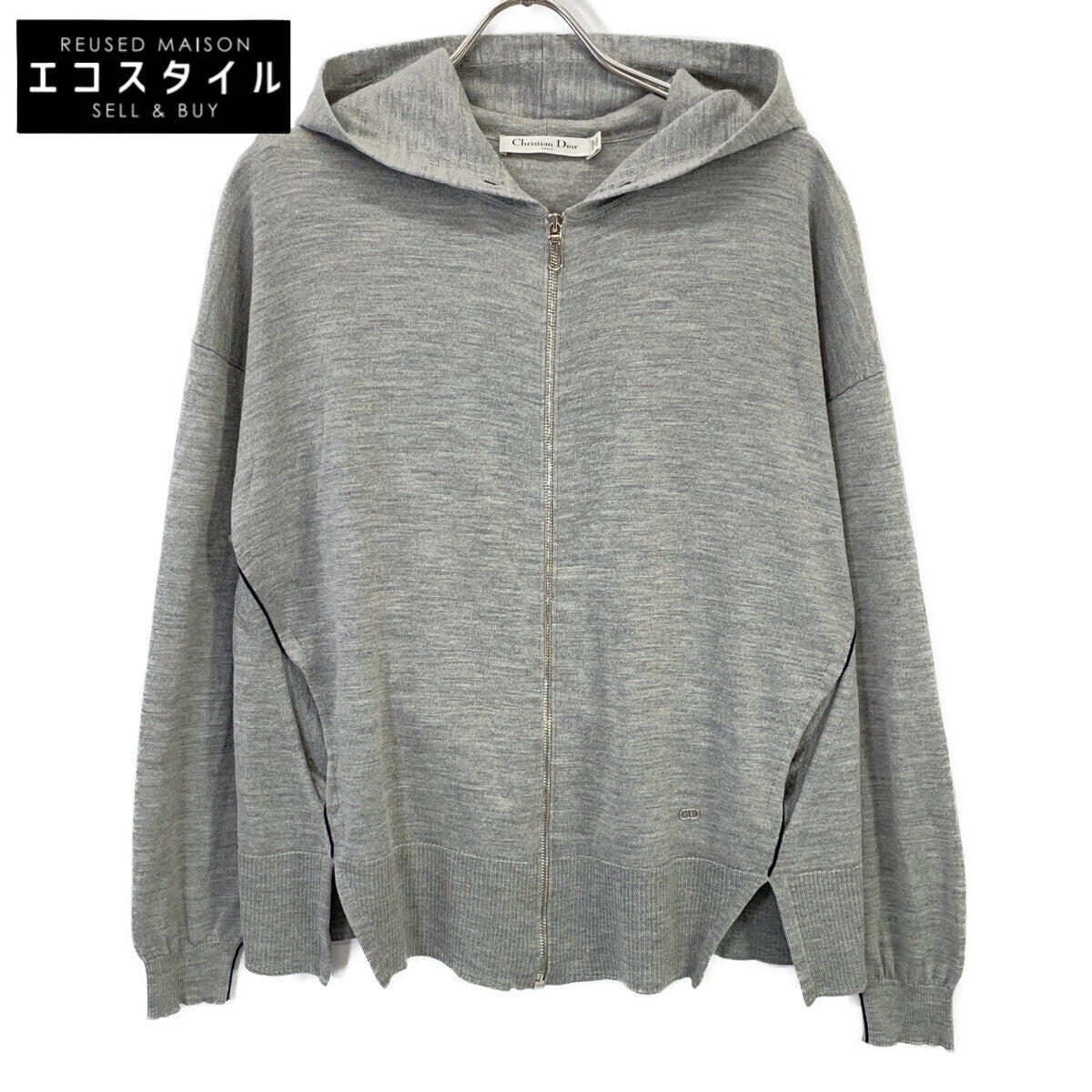 Christian Dior 5E24163AM563 Gray CD Logo Hardware Wool Silk Hoodie Top