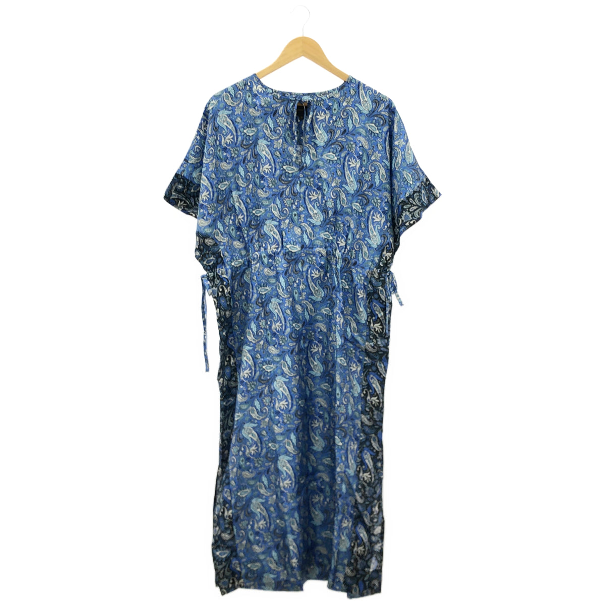 【SALE】 BANANATIME バナナタイム ブルー 332-094-16 ペイズリー柄 リボンVネック 半袖ワンピース ワンピース