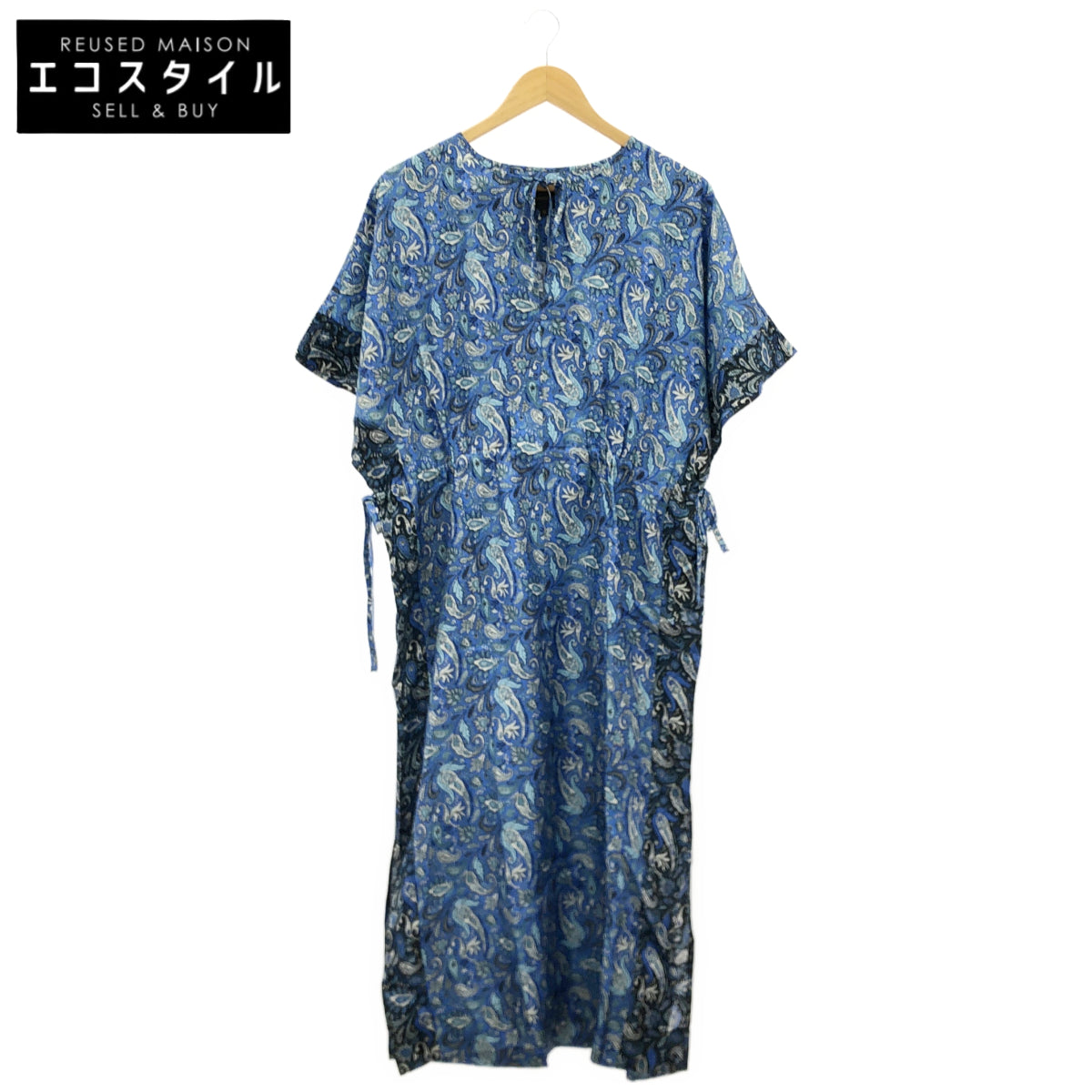 BANANATIME blue 332-094-16 paisley ribbon V-neck short-sleeve dress