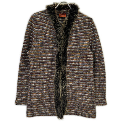 MISSONI 米索尼 棕色系 多色 羊毛马海毛混纺 带毛领 无领 针织外套 大衣