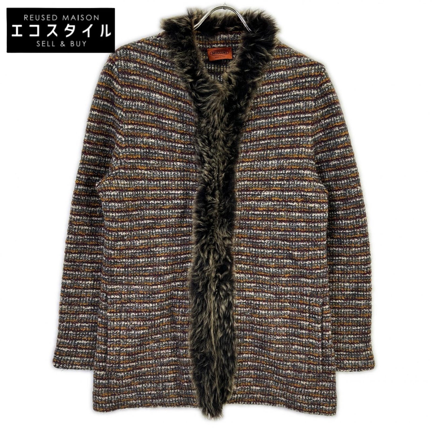 MISSONI 米索尼 棕色系 多色 羊毛马海毛混纺 带毛领 无领 针织外套 大衣