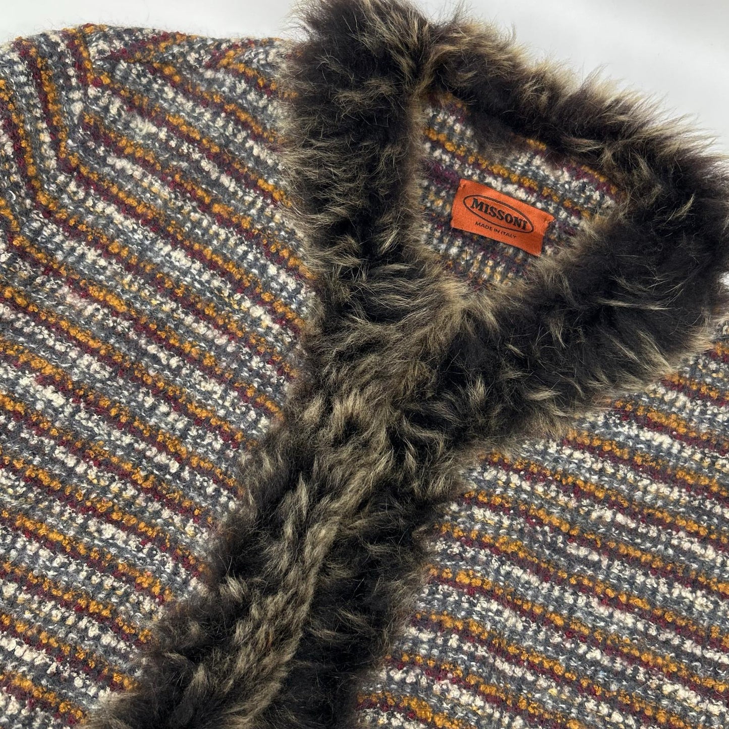 MISSONI 米索尼 棕色系 多色 羊毛马海毛混纺 带毛领 无领 针织外套 大衣