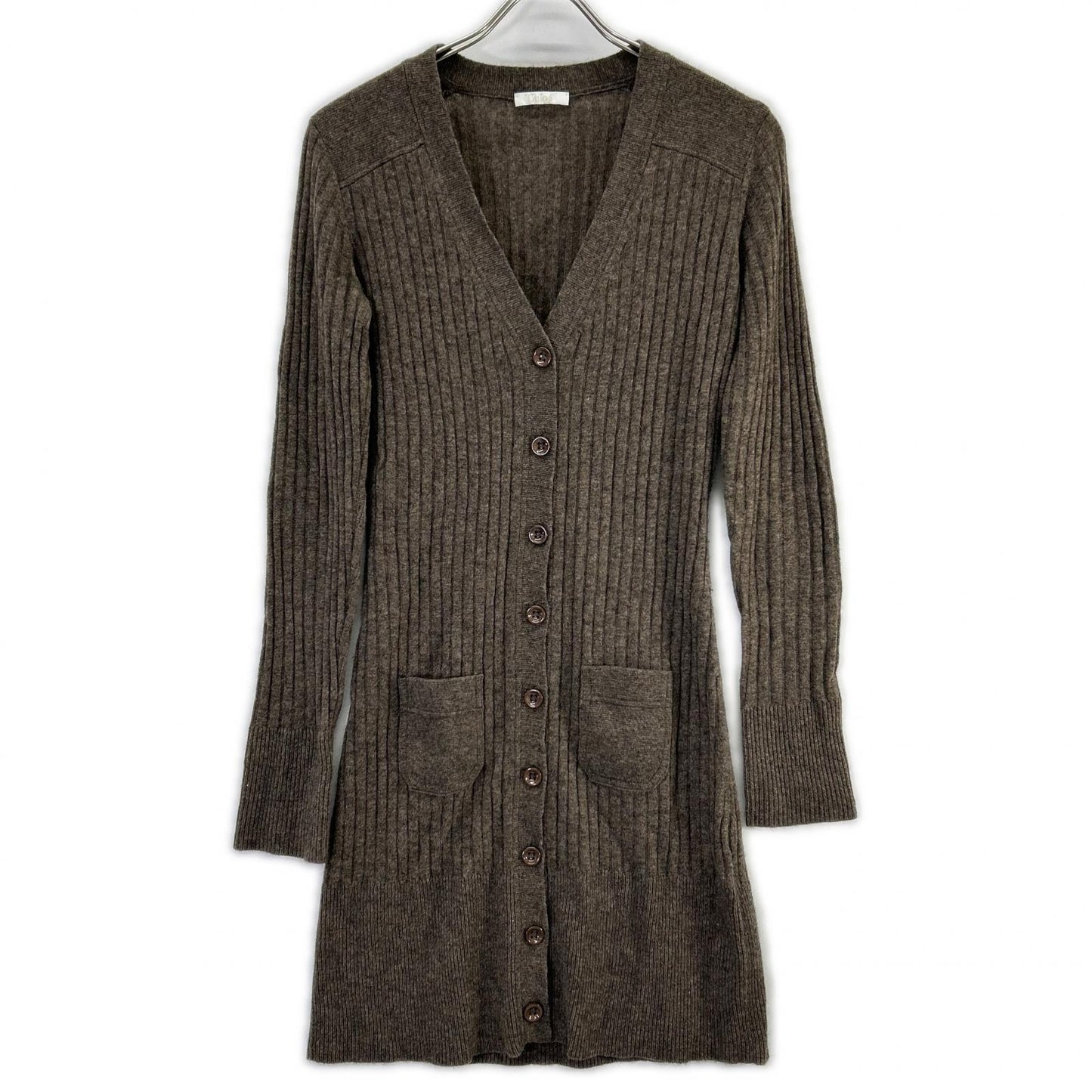 Chloe クロエ 8AT534-8A530 ブラウン カシミヤ Vネック 長袖 リブニット ロングカーディガン トップス