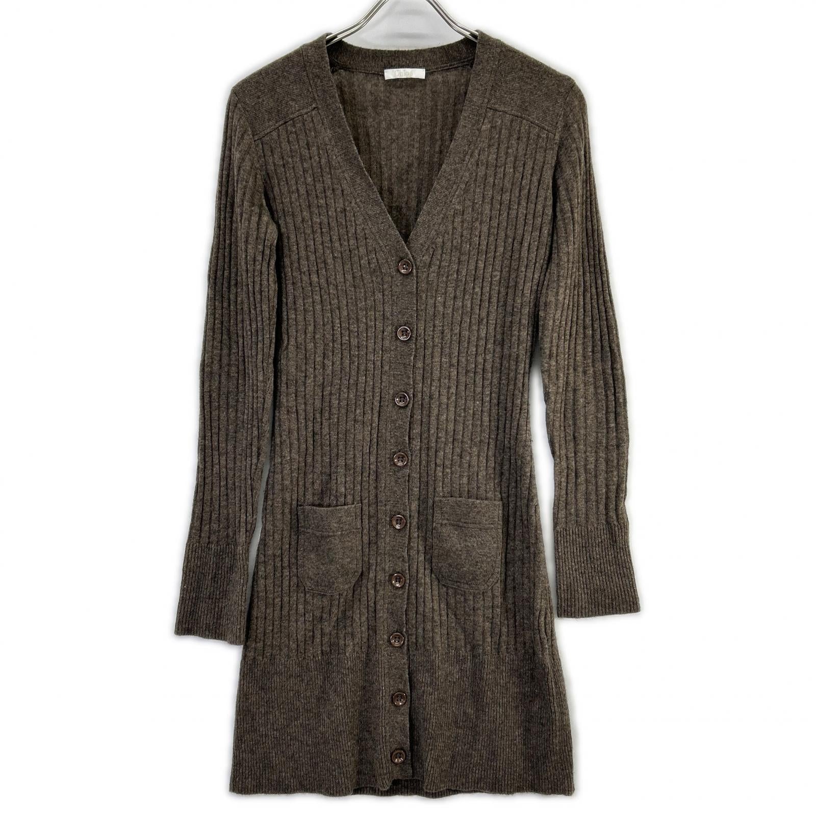 Chloe クロエ 8AT534-8A530 ブラウン カシミヤ Vネック 長袖 リブニット ロングカーディガン トップス