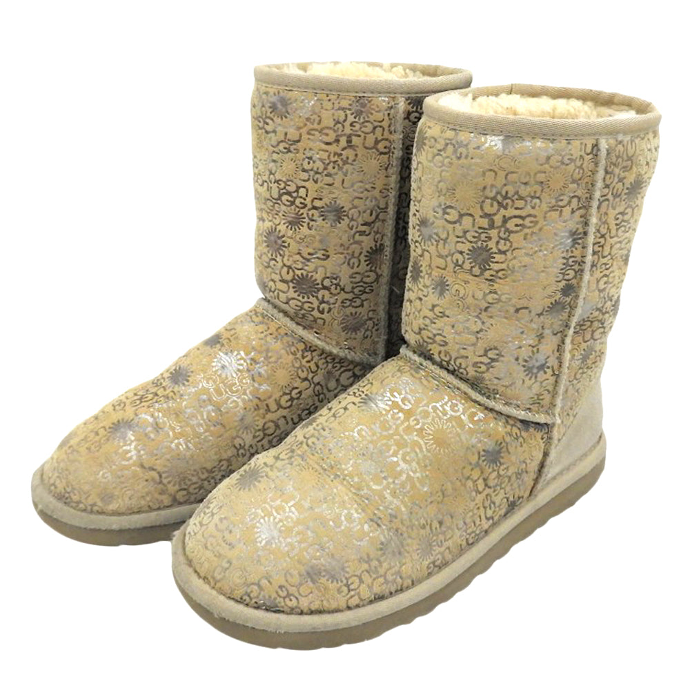 UGG アグ ロゴ クラシック ショート ブーツ レディース ベージュ×シルバー W6 シューズ