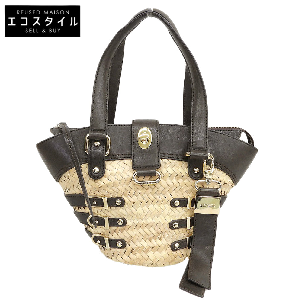JIMMY CHOO ジミーチュウ レザー×ストロー かごバッグ ハンドバッグ レディース ブラウン ハンドバッグ