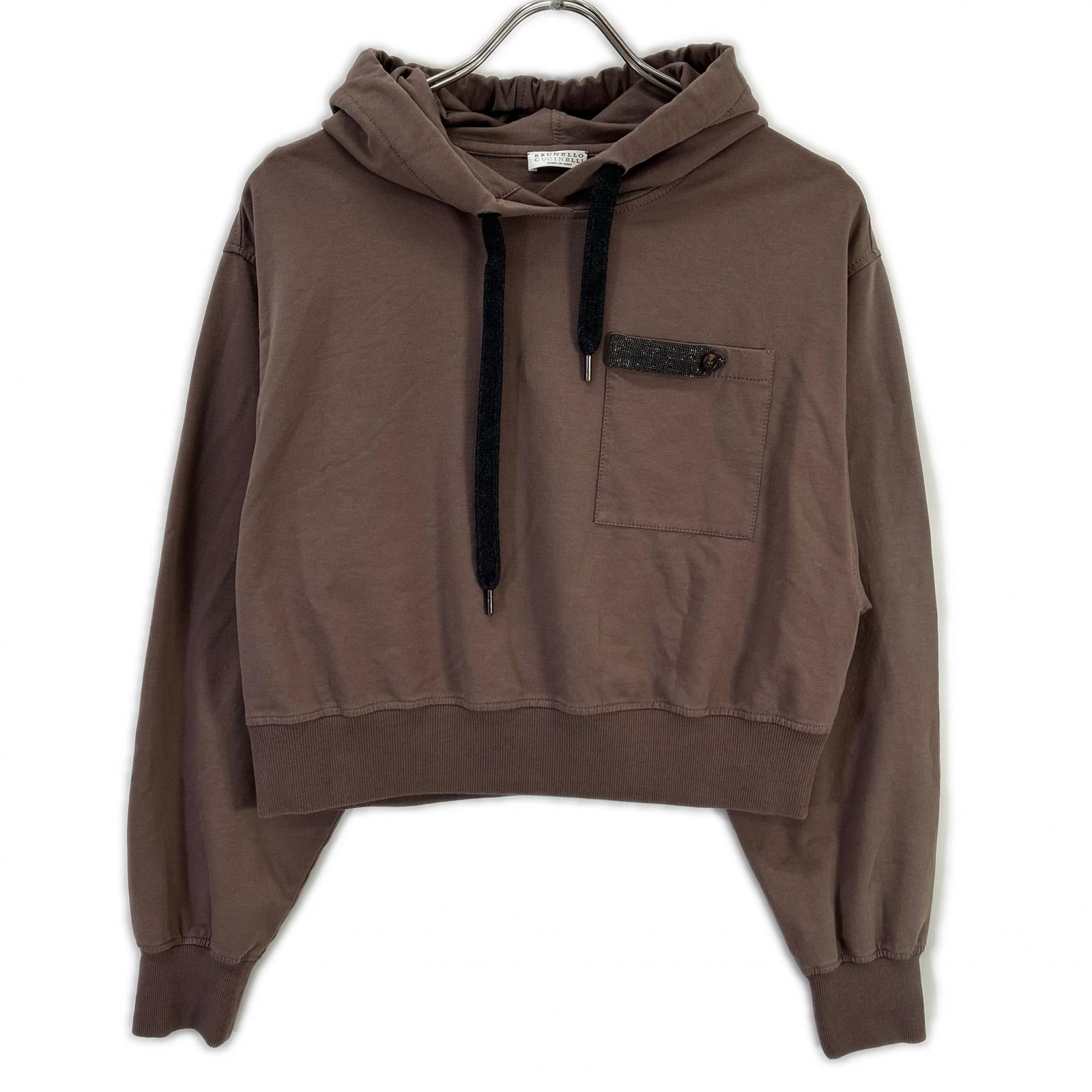 BRUNELLO CUCINELLI ブルネロクチネリ 23年 ブラウン クロップド モニーレ スウェットフーディープルオーバー トップス