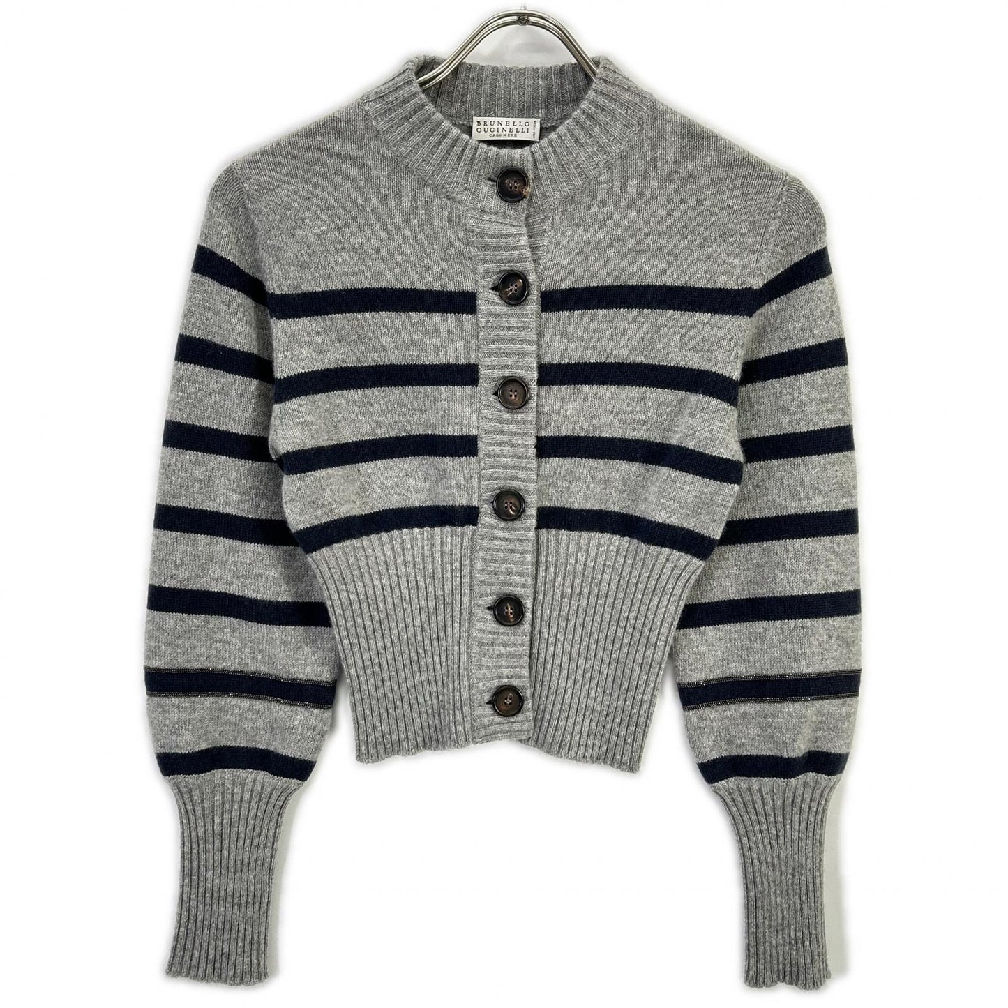BRUNELLO CUCINELLI ブルネロクチネリ グレー カシミヤ マリンストライプ モニリディティール ロングリブカーディガン トップス