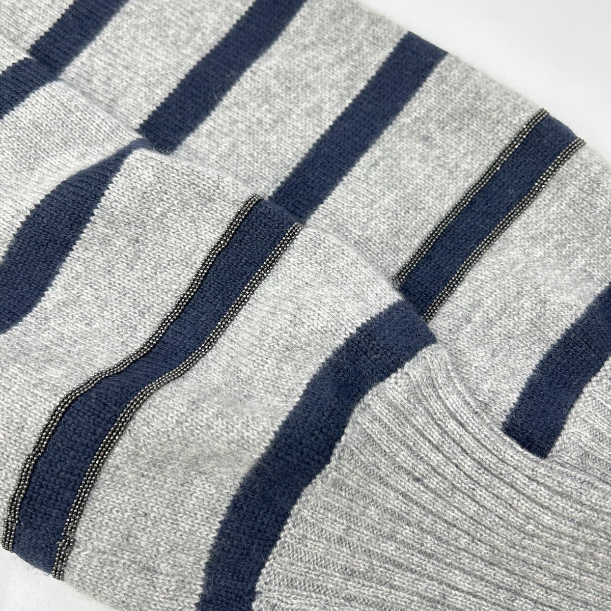 BRUNELLO CUCINELLI ブルネロクチネリ グレー カシミヤ マリンストライプ モニリディティール ロングリブカーディガン トップス