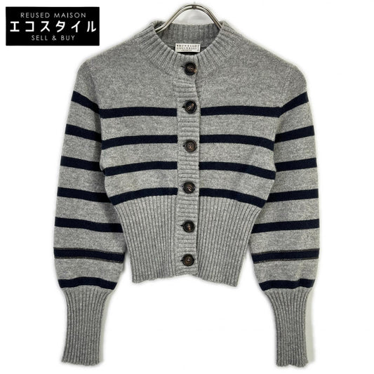 BRUNELLO CUCINELLI ブルネロクチネリ グレー カシミヤ マリンストライプ モニリディティール ロングリブカーディガン トップス