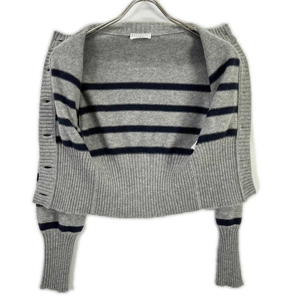 BRUNELLO CUCINELLI ブルネロクチネリ グレー カシミヤ マリンストライプ モニリディティール ロングリブカーディガン トップス