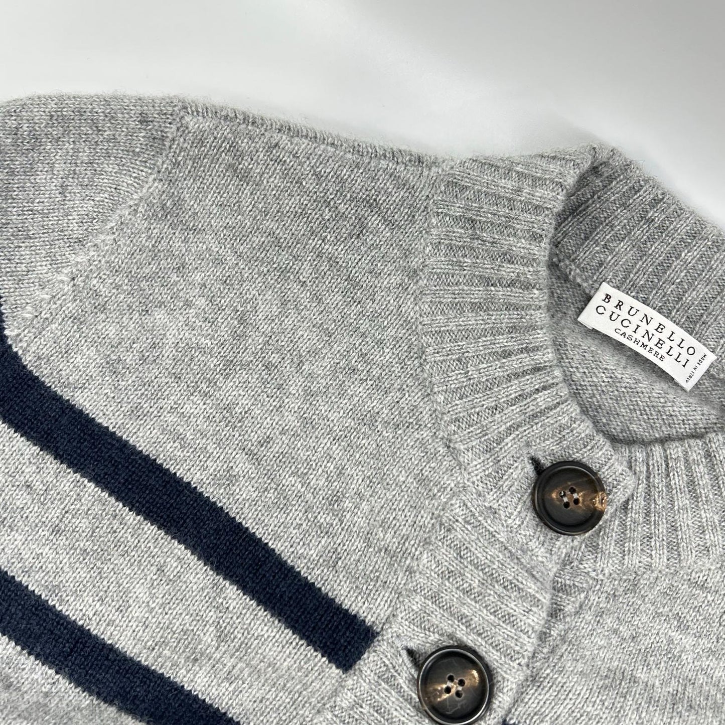 BRUNELLO CUCINELLI ブルネロクチネリ グレー カシミヤ マリンストライプ モニリディティール ロングリブカーディガン トップス