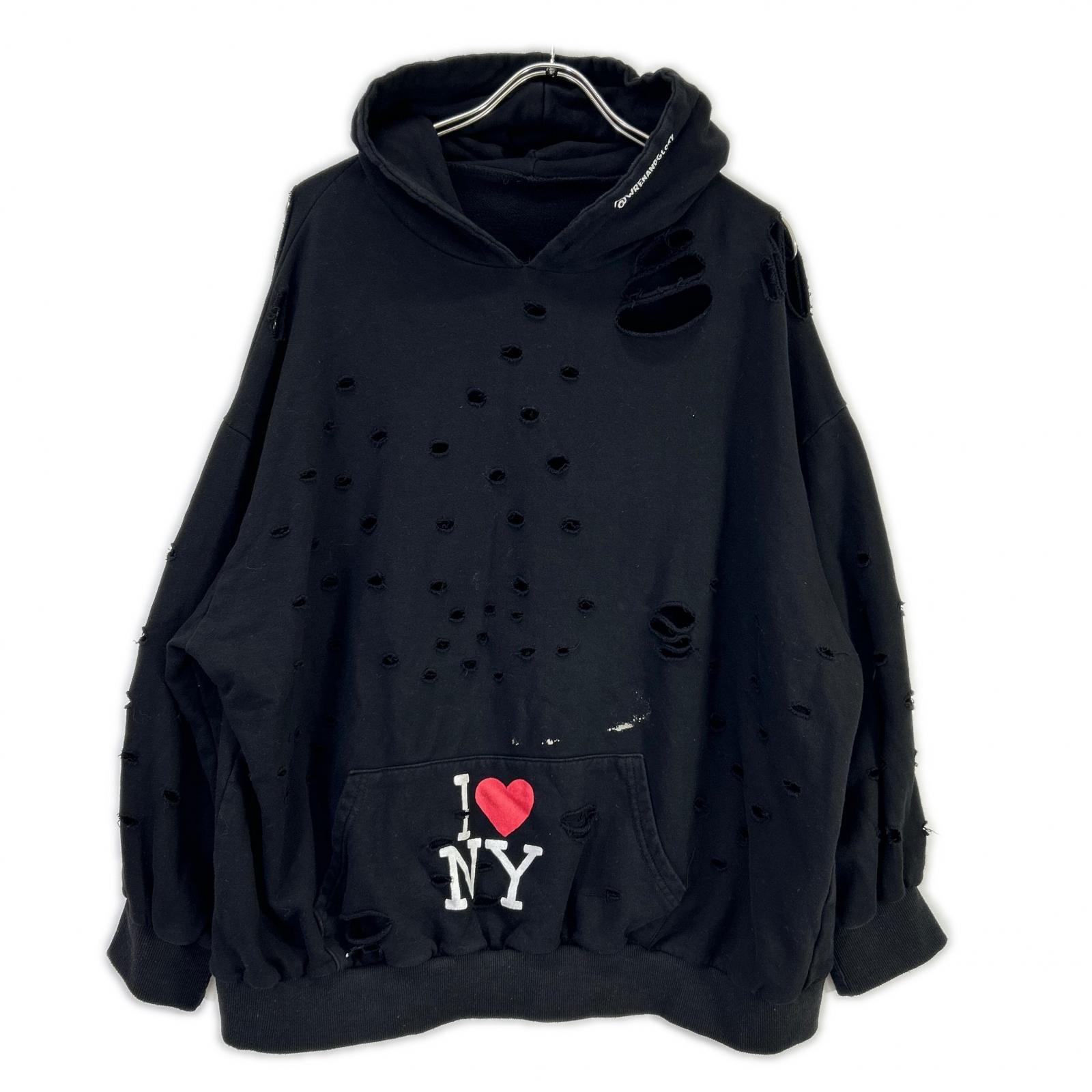 WRENANDGLORY レンアンドグローリー 【WRENANDGLORY】ブラック コットン ダメージ加工 プルオーバーパーカー トップス
