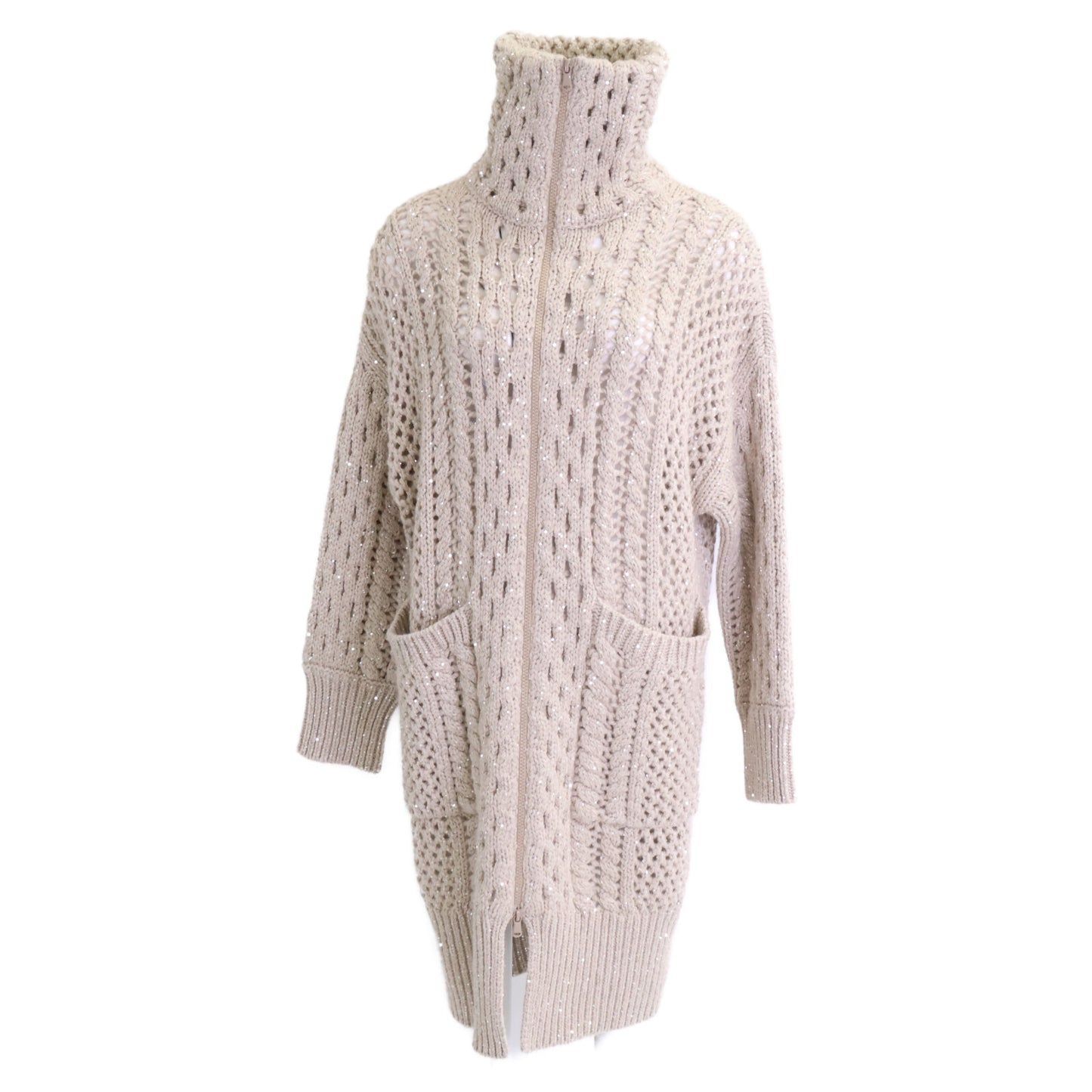 BRUNELLO CUCINELLI ブルネロクチネリ 【新品同様】MPA361126 カシミヤ混 透かし編み スパンコール ジップアップ ニット コート