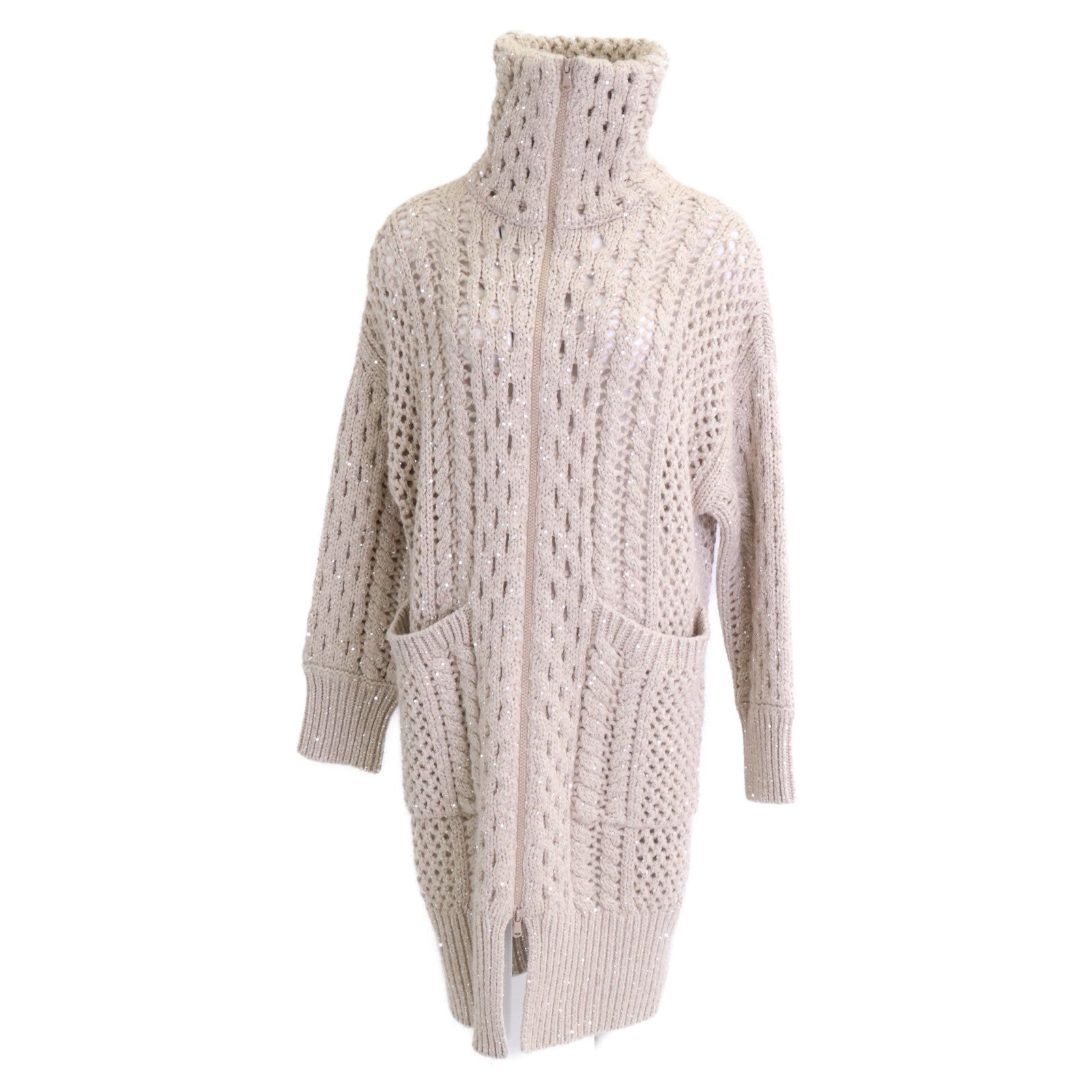BRUNELLO CUCINELLI ブルネロクチネリ 【新品同様】MPA361126 カシミヤ混 透かし編み スパンコール ジップアップ ニット コート