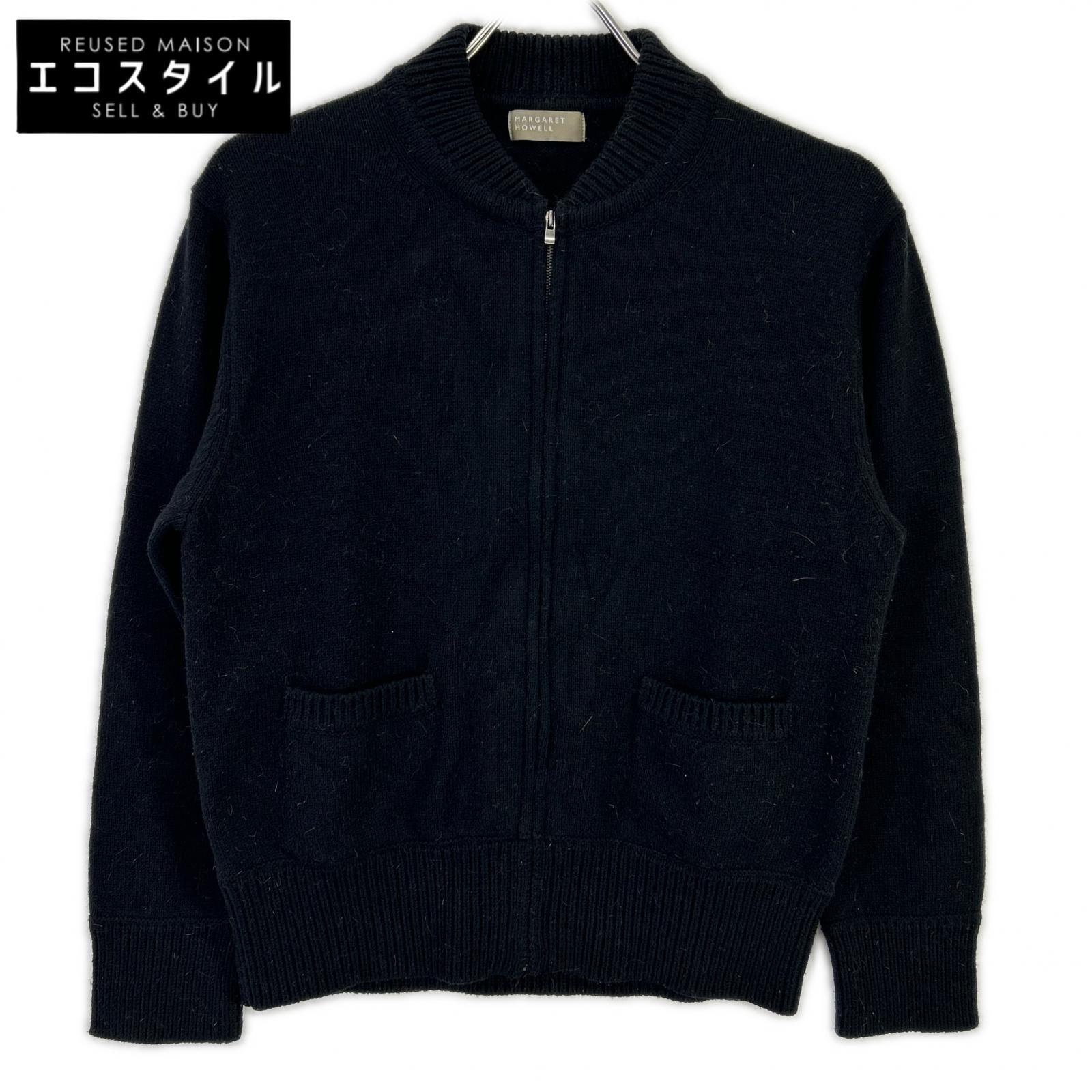 MargaretHowell マーガレットハウエル 22年 ブラック コットンウールカシミヤ ベースボールカラー ZIP カーディガン トップス