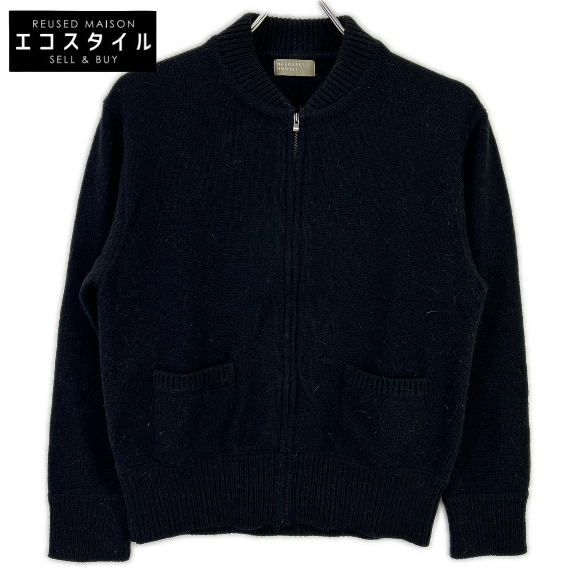 MargaretHowell マーガレットハウエル 22年 ブラック コットンウールカシミヤ ベースボールカラー ZIP カーディガン トップス